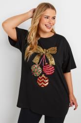 YOURS Plus Size Black Sequin Embellished Christmas Bauble T-Shirt | Yours Clothing 2