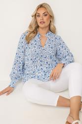 YOURS Plus Size Blue Floral Tie Neck Blouse | Yours Clothing 1
