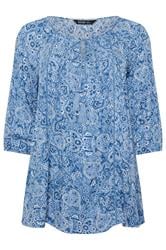 YOURS Curve Blue Paisley Print Sequin Tie Neck Top