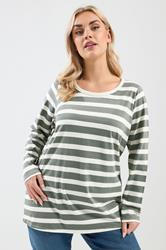 YOURS Plus Size Sage Green Stripe Long Sleeve T-Shirt | Yours Clothing 3