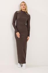 LTS Tall Women's Brown Ribbed Shoulder Button Maxi Dress | Long Tall Sally 1