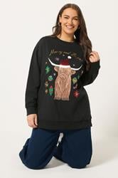 YOURS Plus Size Black Highland Cow Sequin Embellished Novelty Christmas Sweatshirt | Yours Clothing 3