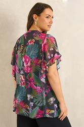 EVANS Curve Black Tropical Frill Sleeve Blouse | Evans 2