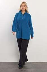 YOURS Plus Size Blue Quarter Zip Jumper | Yours Clothing 1