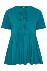 YOURS Curve Teal Blue Bow Tie Front Peplum Top