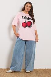YOURS Plus Size Pink 'Cherish' Cherry Slogan T-Shirt | Yours Clothing 1