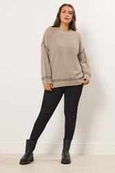 YOURS Plus Size Natural Brown Blanket Stitch Jumper | Yours Clothing 2