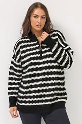 YOURS Plus Size Black Scallop Stripe Quarter Zip Jumper | Yours Clothing 1