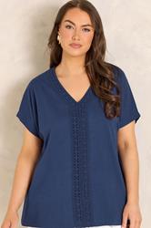 EVANS Plus Size Navy Blue Cotton Crochet Trim Tee | Evans 3