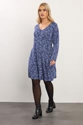 YOURS Plus Size Blue Floral Print Pleat Front Dress | Yours Clothing 1