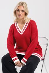 YOURS Plus Size Red Contrast V-Neck Knitted Jumper | Yours Clothing 3