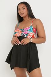 YOURS Curve Plus Size Black Tropical Print Hanky Hem Swimdress | Yours Clothing 1