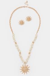 Gold Tone Statement Sun Necklace and Earring Set | Yours Clothing 1
