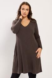 YOURS Plus Size Chocolate Brown Ribbed Flare Mini Dress | Yours Clothing 1