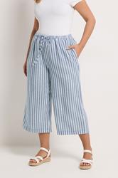 YOURS Plus Size Blue Stripe Linen Look Cropped Trousers | Yours Clothing 1