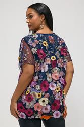 YOURS LONDON Plus Size Navy Blue 3D Floral T-Shirt | Yours Clothing 2