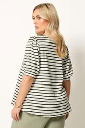 YOURS Plus Size White & Green Stripe Knitted Puff Sleeve Top | Yours Clothing 2