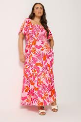 YOURS Plus Size Pink Palm Leaf Shirred Maxi Dress | Yours Clothing 3