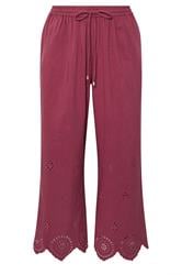 EVANS Plus Size Burgundy Red Broderie Hem Linen Trousers | Evans 1