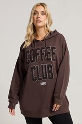 YOURS Plus Size Chocolate Brown 'Coffee Club' Slogan Hoodie | Yours Clothing 1
