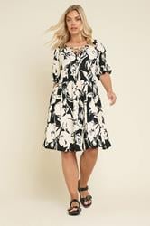 YOURS Plus Size Black Abstract Print Tie Neck Mini Dress | Yours Clothing 2