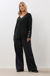 YOURS Plus Size Black Button Sleeve V-Neck Jumper | Yours Clothing 1