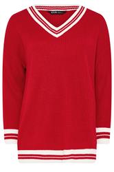 YOURS Curve Red Contrast V-Neck Knitted Jumper