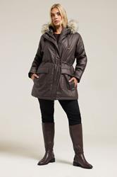YOURS Plus Size Brown Waxed Faux Fur Trim Parka Coat | Yours Clothing 1