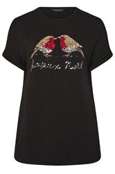 EVANS Plus Size Black Sequin Robin Christmas T-Shirt | Evans 5
