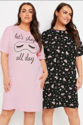 YOURS Plus Size 2 Pack Pink Eyemask Print Nightdress | Yours Clothing 1