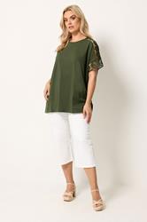 YOURS Curve Khaki Green Crochet Sleeve Boxy T-Shirt | Yours Clothing 1