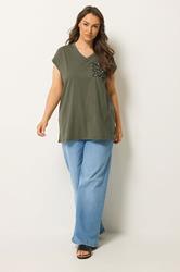 YOURS Plus Size Khaki Green Animal Stud Pocket T-Shirt | Yours Clothing 1