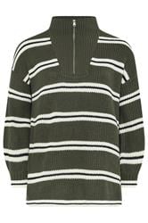 YOURS Curve Khaki Green Stripe Quarter Zip Jumper