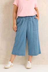 EVANS Plus Size Mid Blue Cropped Pull On Cotton Trousers | Evans 3