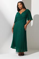 YOURS LONDON Plus Size Green Metallic Dobby Pleated Wrap Dress | Yours Clothing 1