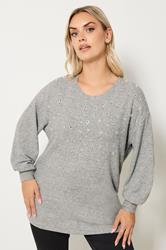 YOURS Plus Size Light Grey Diamante Embellished Jumper | Yours Clothing 3