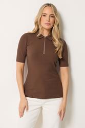 LTS Tall Women's Chocolate Brown Half Zip Ribbed Cotton Collared Top | Long Tall Sally 1