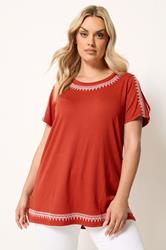 YOURS Plus Size Orange Embroidered Cold Shoulder Top | Yours Clothing 3