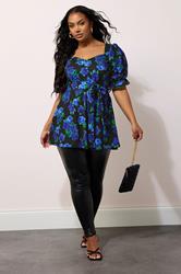 YOURS LONDON Plus Size Black & Blue Floral Print Peplum Top | Yours Clothing 2