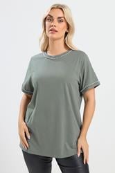 YOURS Plus Size Sage Green Pearl Trim T-Shirt | Yours Clothing 3