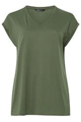 YOURS Curve Khaki Green V-Neck Basic T-Shirt