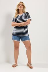 YOURS Curve Navy Blue Stripe Ringer T-Shirt | Yours Clothing 1