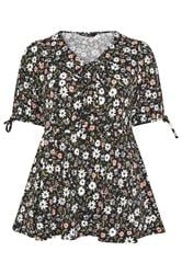 YOURS Curve Black Floral Bow Front Peplum Top