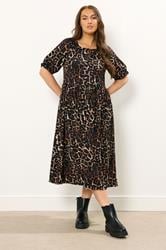 YOURS Plus Size Black Leopard Print Tie Neck Midi Dress | Yours Clothing 1