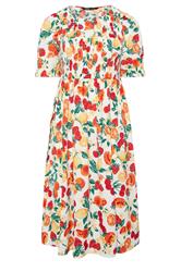 YOURS Curve Orange Shirred Fruit Print Dress