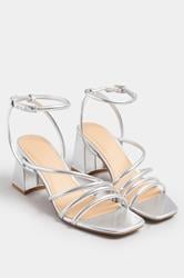 Silver Aysmmetric Strappy Block Heels In Standard Fit | Yours Clothing 1