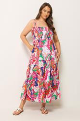 YOURS Plus Size Pink Abstract Shirred Sundress | Yours Clothing 1