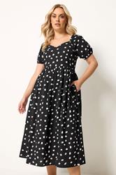YOURS Plus Size Black Polka Dot Puff Sleeve Linen Dress | Yours Clothing 3