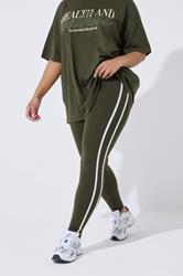 YOURS ACTIVE Plus Size Khaki Green Side Stripe Leggings | Yours Clothing 3