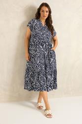 EVANS Plus Size Navy Blue Abstract Print Notch Neck Cotton Midi Dress | Evans 1